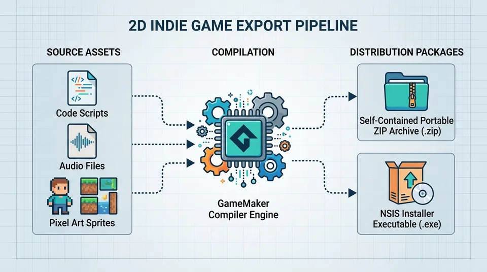 Diagrama esquemático que representa el flujo de compilación en GameMaker, desde los recursos originales hasta la obtención del instalador ejecutable y el paquete zip portable.