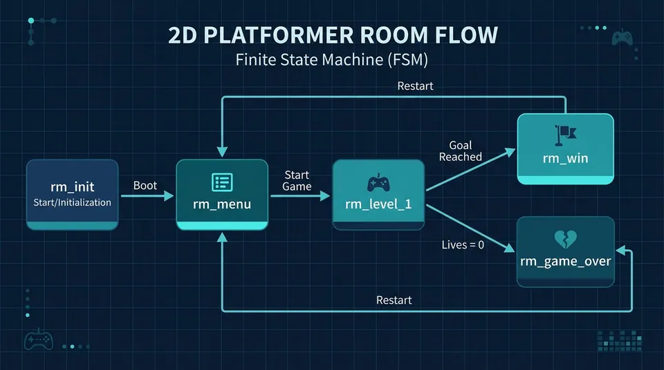 Schematic diagram of room navigation flow: from initialization to menu, main level, victory and defeat screens, and back to menu.