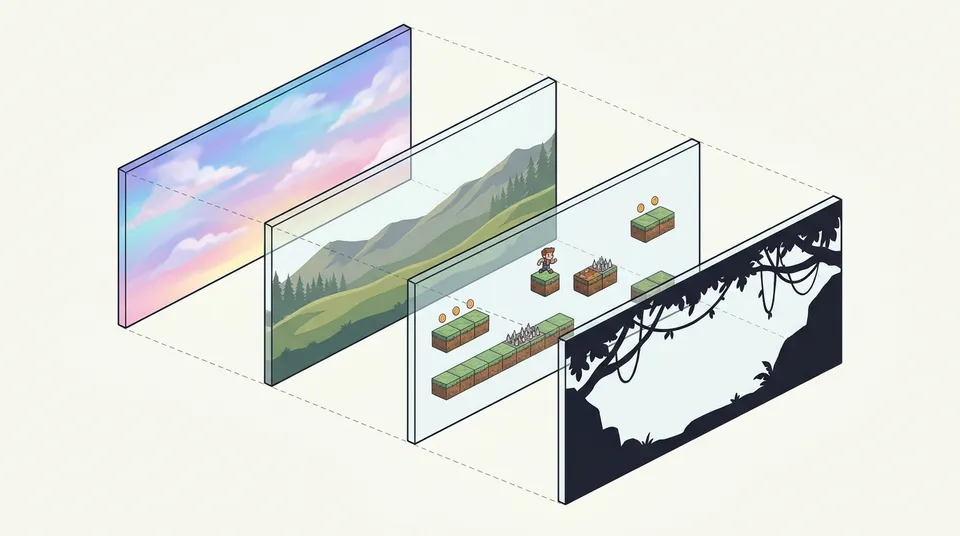 Isometric schematic diagram illustrating 2D game layer stacking: background, midground scenery, playable instances layer, and foreground.