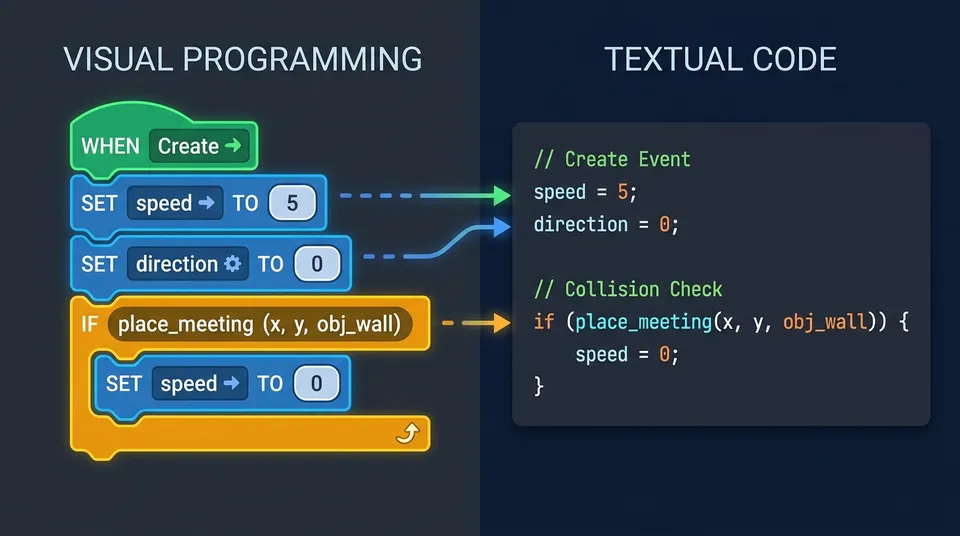 Conceptual diagram comparing sequentially linked visual action blocks on the left with equivalent lines of textual code on the right.