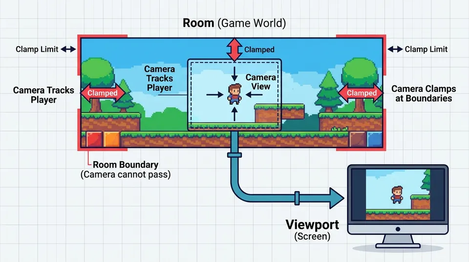 Schematic diagram showing the relationship between a large Room, the Camera framing the player, and the Viewport displayed on the monitor.