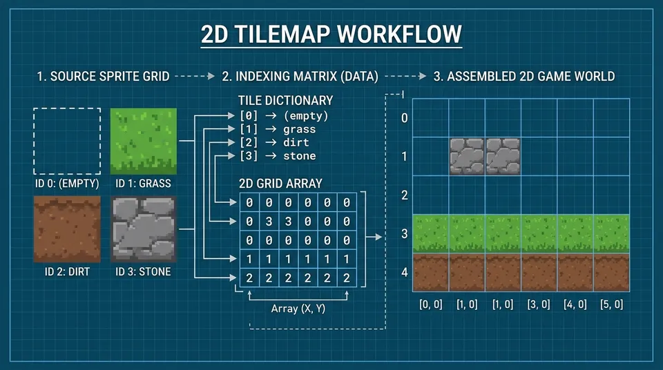 Schematic diagram illustrating the conversion of a sprite sheet into an indexed tile set and its placement onto a level grid.
