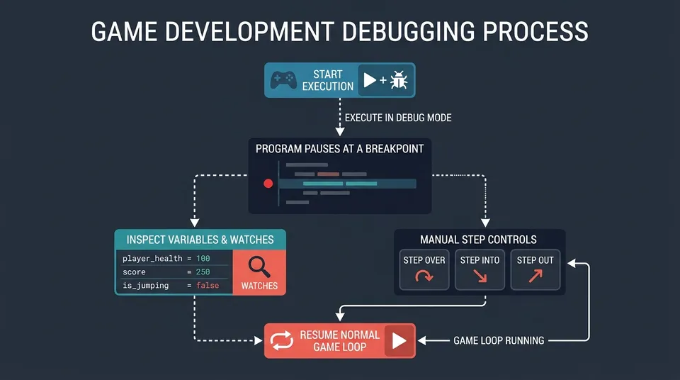Schematic diagram of the debugging workflow showing launch in debug mode, pausing at a breakpoint, inspecting variables, and stepping through execution.