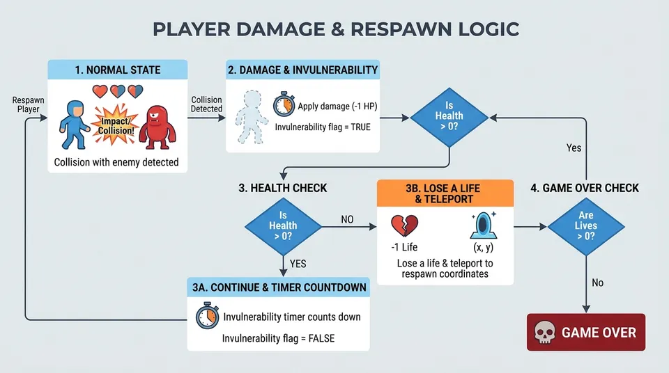 Flowchart diagram illustrating the collision detection process with damage, temporary invulnerability activation with sprite flashing, remaining health check, and respawn at checkpoint upon health depletion.