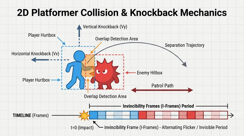 Technical diagram illustrating collision overlap detection, the knockback vector separating player and enemy, and an i-frames timeline with blinking.