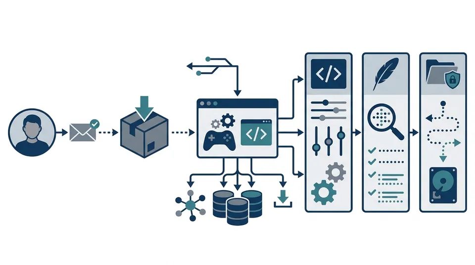 Schematic diagram illustrating the GameMaker installation and setup workflow: account registration, IDE installation, Runtime download, and preference tuning.