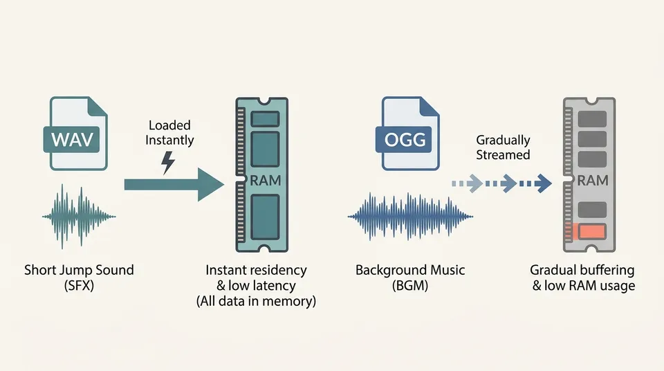 Schematic diagram comparing in-memory loading of a WAV file for short sound effects versus streaming an OGG file for continuous tracks.