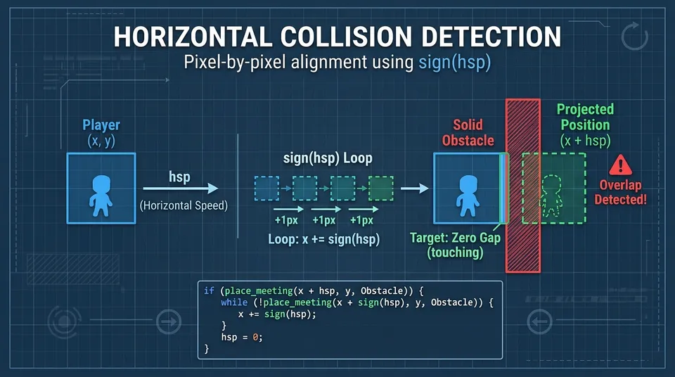 Technical diagram of horizontal collision detection showing the player's current mask, the projected mask at x plus hsp overlapping the wall, and the pixel-by-pixel adjustment until contact is made.