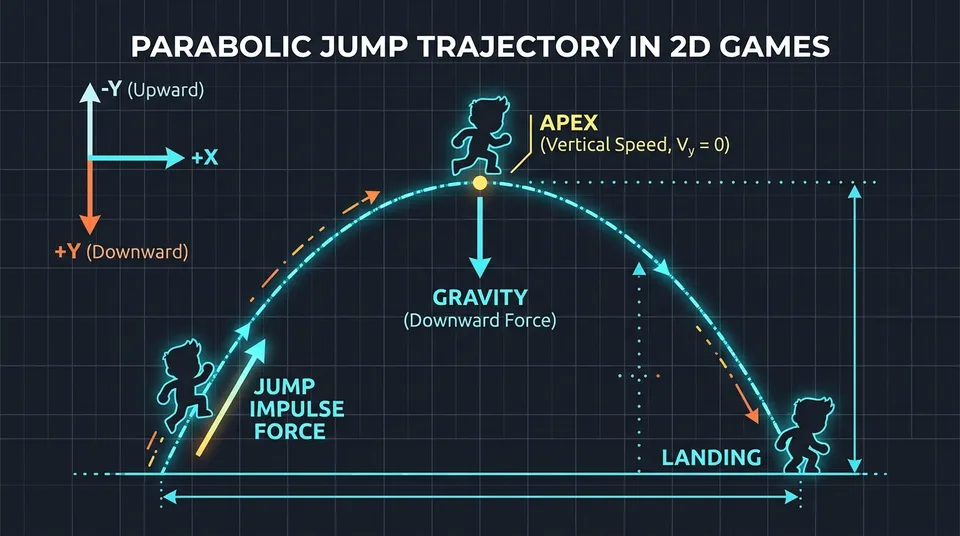 Schematic diagram of a 2D jump parabola showing upward impulse force, downward gravity, the jump apex at zero speed, and the coordinate system where negative Y points upward.