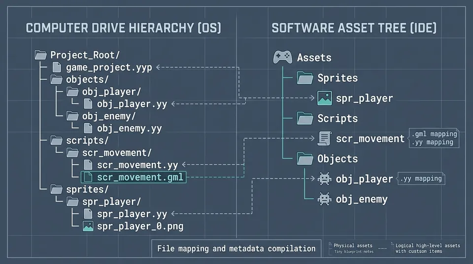 Schematic diagram illustrating on-disk project folder structure with .yyp, .yy, and .gml extensions alongside the logical Asset Browser tree.