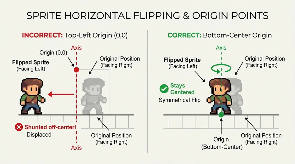 Schematic diagram comparing a sprite flip with a Top-Left origin versus a correct, symmetrical flip using a Bottom-Center origin.