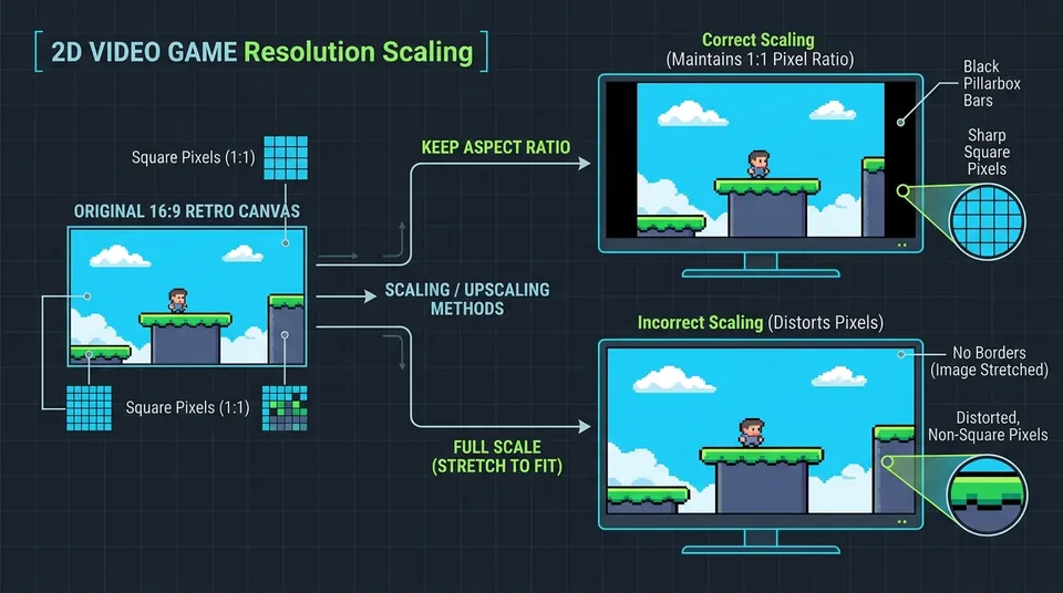 Schematic diagram comparing aspect ratio preservation with black bars against forced full scaling that distorts pixels.