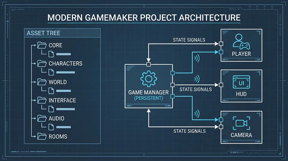 Schematic diagram of GameMaker software architecture showing modular folder organization, the persistent Game Manager object, and signal flow to game entities.