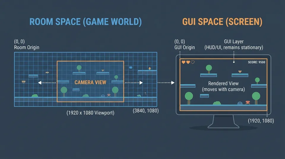 Schematic diagram illustrating the difference between dynamic world coordinates tracked by the camera and the fixed GUI layer drawn over the screen.