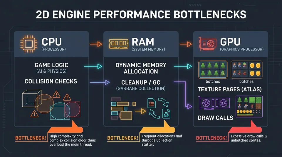 Schematic diagram depicting the balance between CPU (logic and collisions), RAM (data structures), and GPU (texture pages and draw calls) in 2D game optimization.
