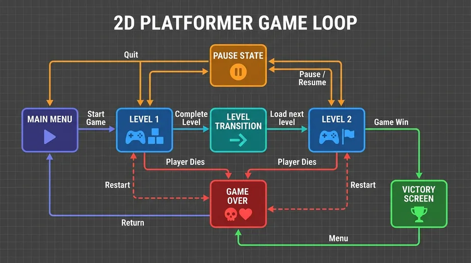 Schematic flowchart illustrating the complete lifecycle of a platformer game, connecting main menu, levels, pause menu, victory, and game over states.