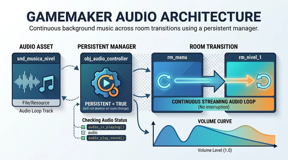 Conceptual diagram illustrating the music management architecture in GameMaker: a persistent controller object manages continuous playback and track transitions across levels.