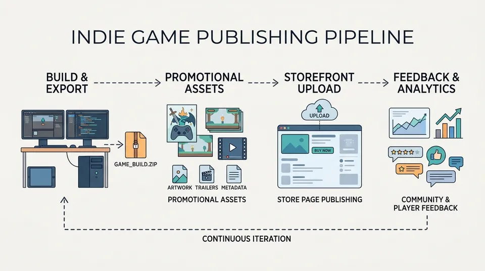 Conceptual diagram of the indie publishing pipeline showing build export, promotional asset creation, storefront page setup, and player feedback loops.