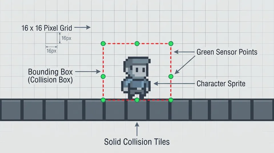 Schematic diagram of a character bounding box on a grid with sampling check points at corners and edges.