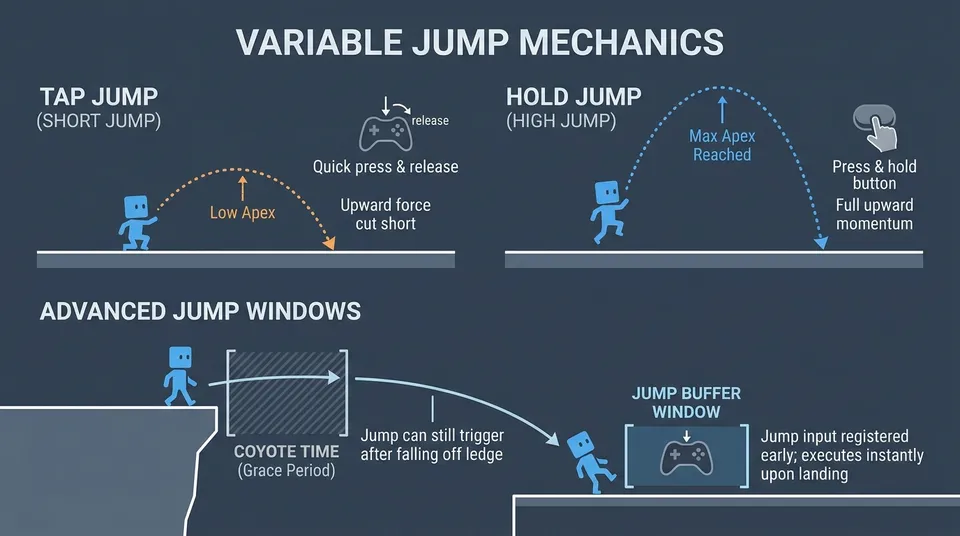 Schematic diagram comparing a short jump arc versus a full jump arc, illustrating cut-off upon button release alongside coyote time and jump buffering windows.