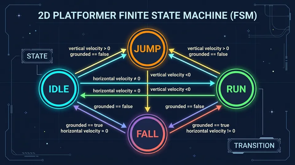 Schematic diagram of a finite state machine illustrating logical transitions between Idle, Run, Jump, and Fall states based on ground contact and horizontal/vertical velocities.