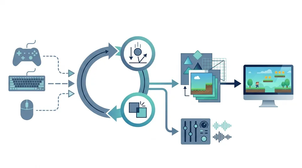 Schematic diagram illustrating the core components of a 2D game engine: data input, update logic, collisions, and graphic rendering.