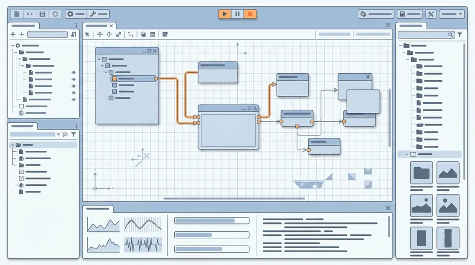 Schematic diagram illustrating the modular interface architecture of a 2D game engine, showing the central workspace, the side asset browser, and the top toolbar.