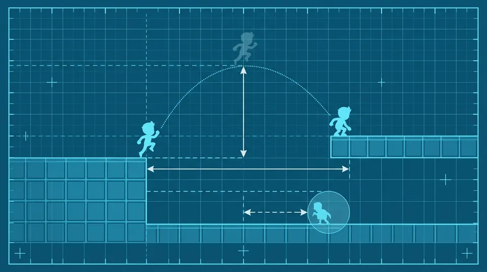 A flat-style schematic diagram depicting a character's jump parabola with annotations for maximum height, horizontal reach, and an enemy patrol radius across grid-based platforms.