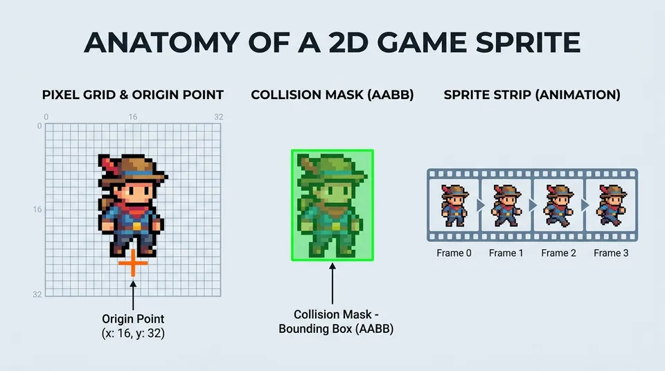 Diagrama explicativo de la anatomía de un sprite 2D mostrando el punto de origen en la base, la máscara de colisión rectangular delimitadora y una secuencia de fotogramas desglosada.