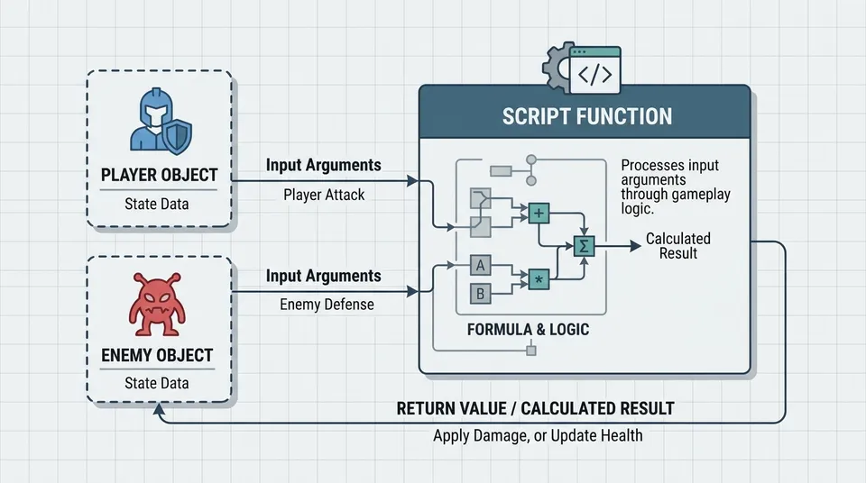Schematic diagram showing how different game objects pass arguments to a function defined in a central script and receive a processed return value.
