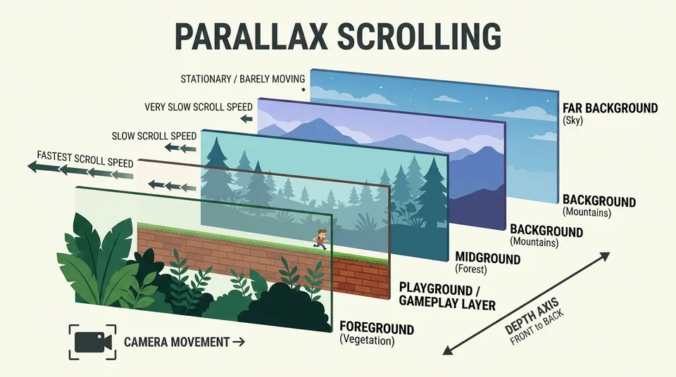 Diagram explaining the 2D parallax effect showing layers of depth (foreground, gameplay plane, hills, and distant mountains) with velocity arrows that decrease with distance.