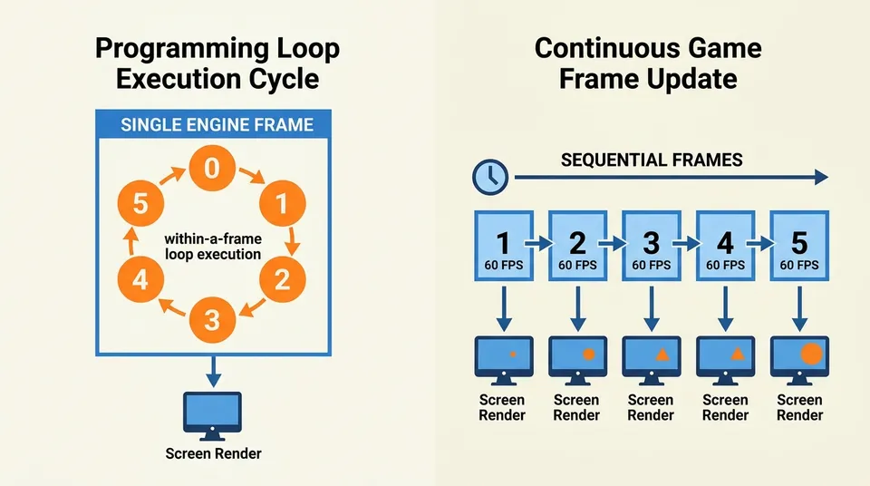 Schematic diagram comparing the internal execution of a loop within a single frame against the real-time progression of the game's frame cycle.