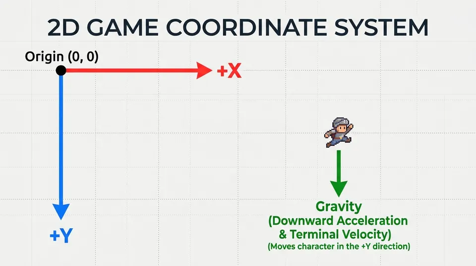Diagram of GameMaker's 2D coordinate system showing the origin at the top-left corner, positive X pointing right, and positive Y pointing down.