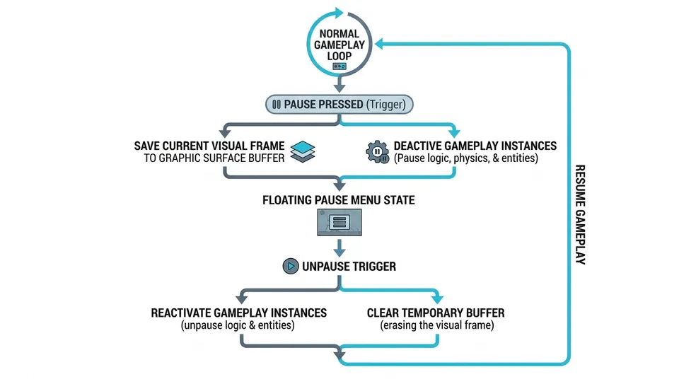 Flowchart of the pause system: from pause input trigger, branching into surface capture and instance deactivation, through overlay menu display, to reactivation upon resuming.