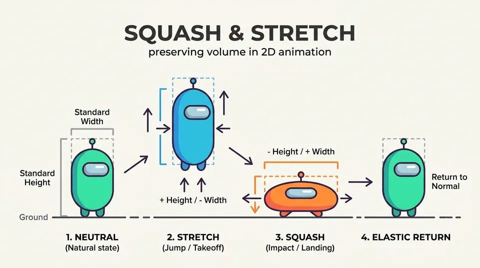 Schematic diagram showing the elastic deformation phases of a character: neutral rest, vertical stretch during jump takeoff, horizontal squash upon landing, and elastic return to base scale.