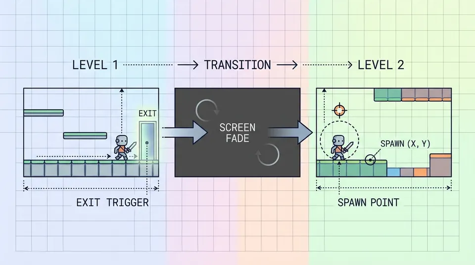 Schematic diagram illustrating the level transition flow: the player enters a door in Level 1, a fade-to-black sequence triggers, and the character respawns at the designated target coordinates in Level 2.