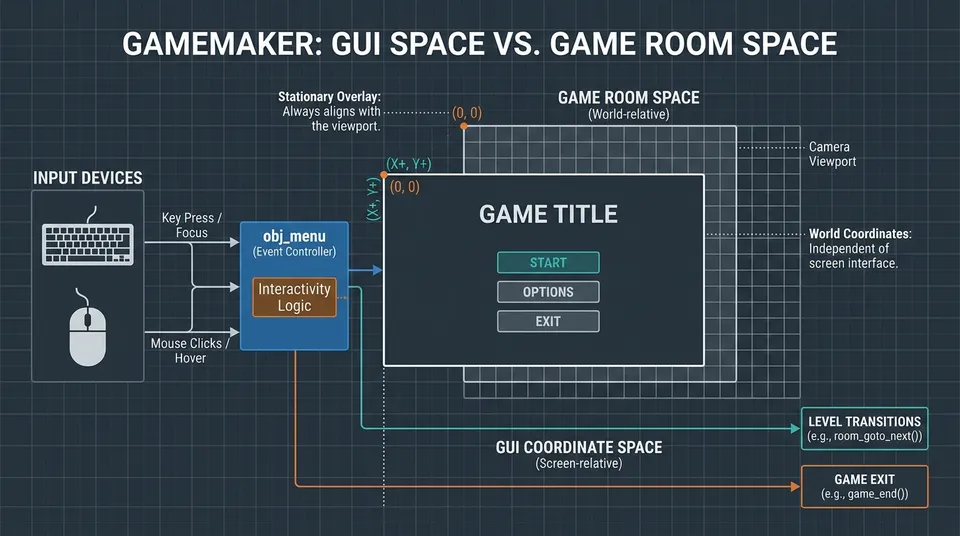 Diagrama esquemático que muestra el flujo de entradas de teclado y ratón hacia el objeto controlador obj_menu y la distribución visual de las opciones en la pantalla GUI.