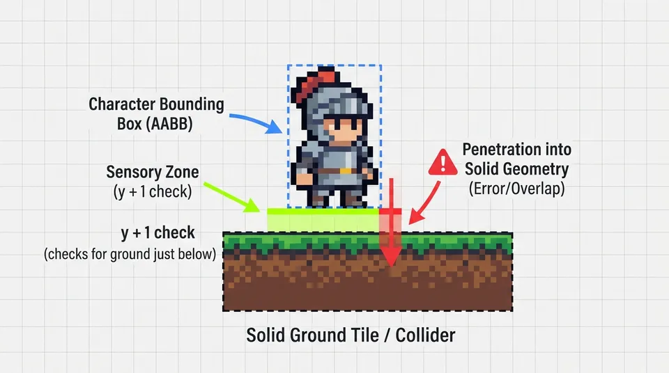 Schematic diagram illustrating the one-pixel downward check (y + 1) between the player's bounding box and the solid ground tile.