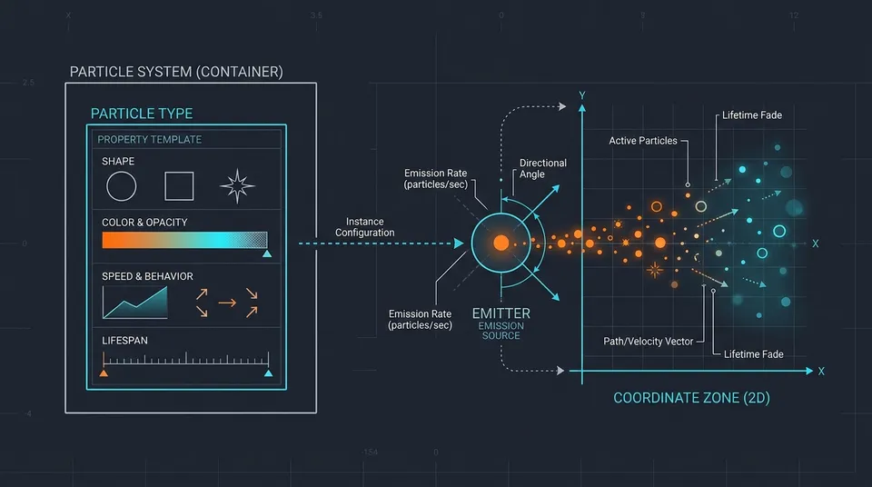 Schematic diagram illustrating GameMaker's particle architecture: the System as the overall container, the Type as the property template, and the Emitter spawning particles across an area.