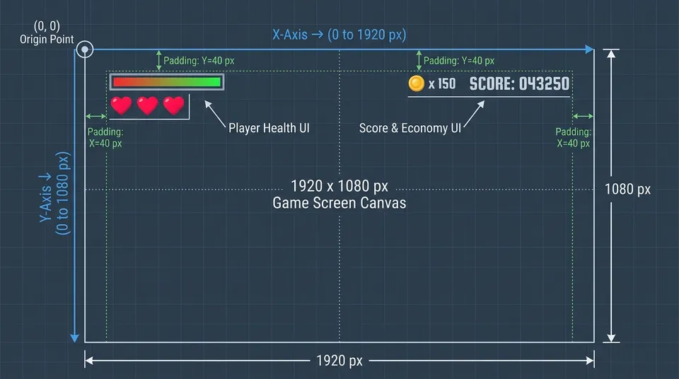 Diagrama esquemático de la distribución de elementos del HUD en pantalla mostrando coordenadas y ubicación de vidas, salud, monedas y puntos.