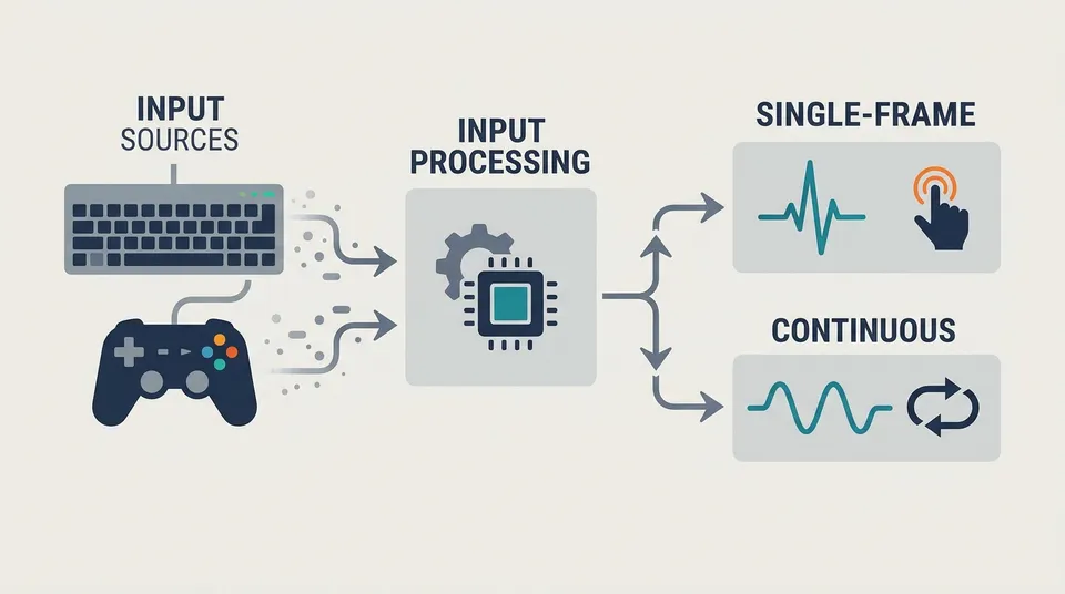Schematic diagram illustrating input signal flow from keyboard and gamepad to GameMaker logic processing, distinguishing continuous from single-frame press signals.
