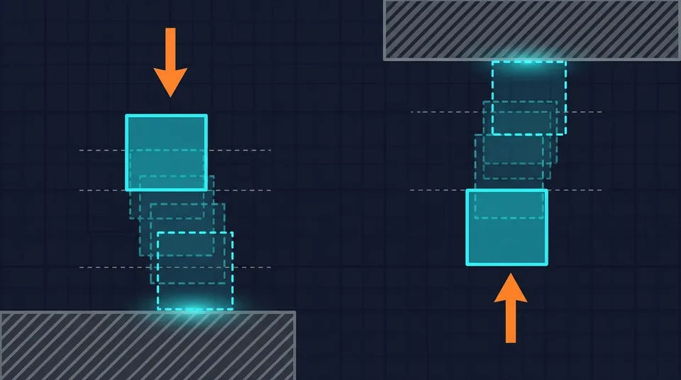 Schematic technical diagram showing a character collision box approaching a floor block and a ceiling block, highlighting velocity vectors and step-by-step checks.
