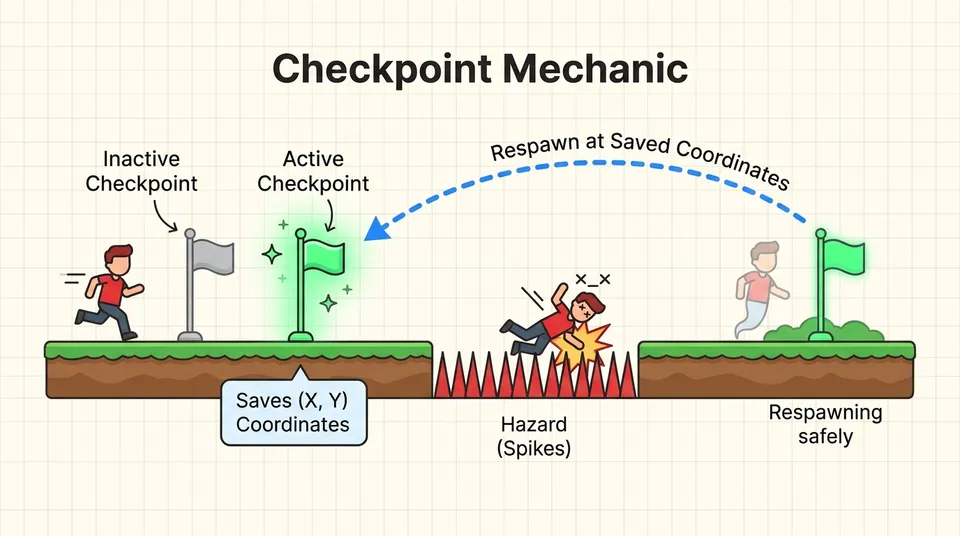 Conceptual diagram of a checkpoint mechanic showing flag activation, coordinate storage, and safe respawning after hitting a hazard.