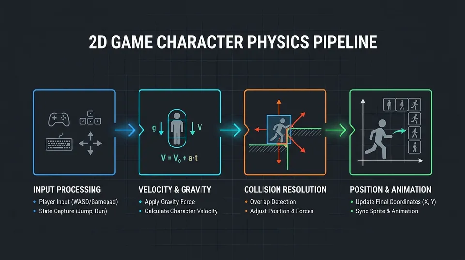 Four-stage modular flowchart for 2D movement and collision handling: input processing, velocity calculation, collision resolution, and position update.